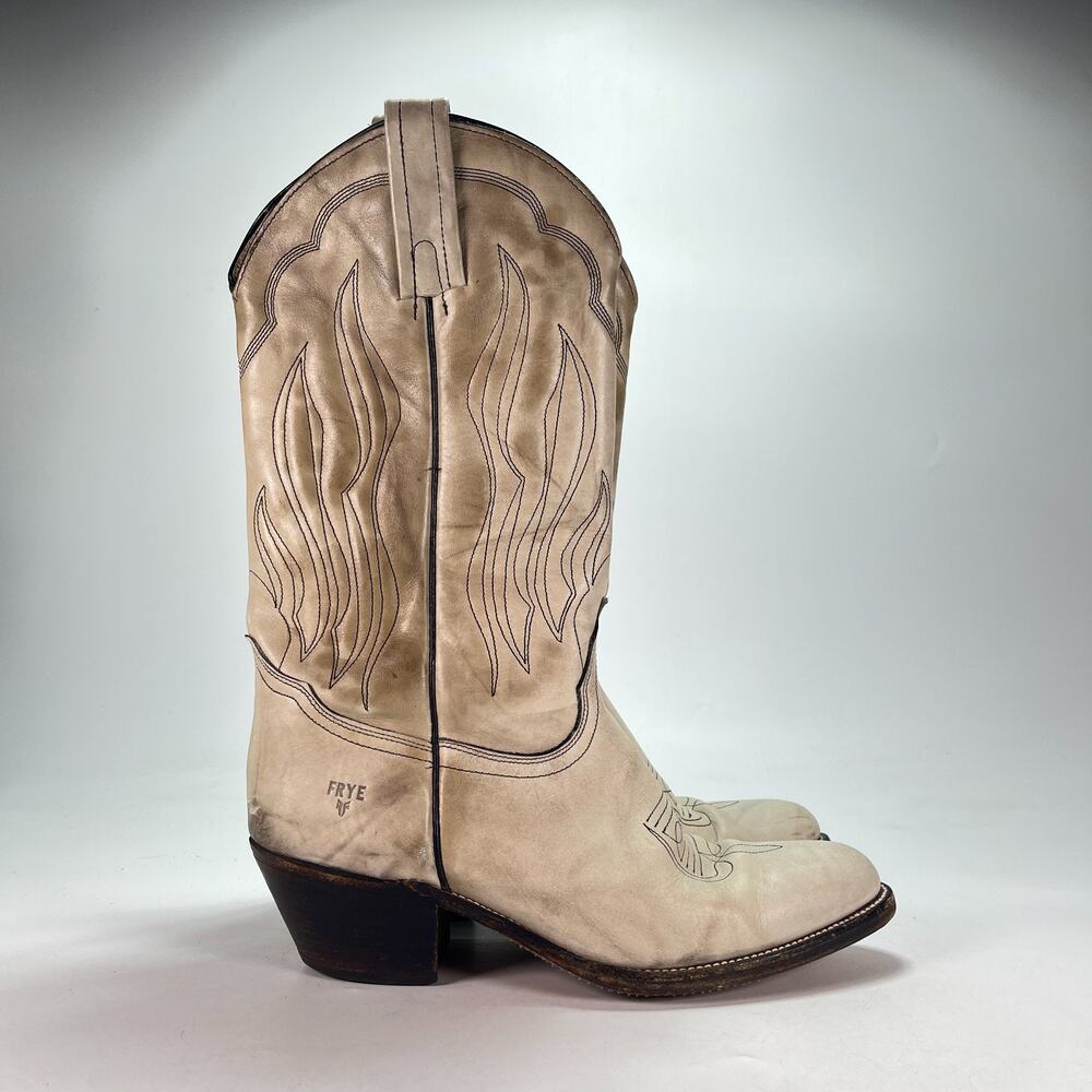 Frye 3844 Cream Leather Mid Calf Pull On Cowboy Western Boots Men's Size 10.5 D